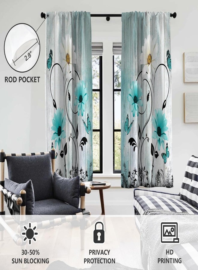 AAtter Teal Floral Window Curtain Turquoise Flower Farmhouse Rustic Country Aqua Blue Daisy Butterfly Living Room Bedroom Rod Pocket Drapes Treatment Fabric 1 Pair Home Decor, 42" W x 63" L, Vintage - Image 3
